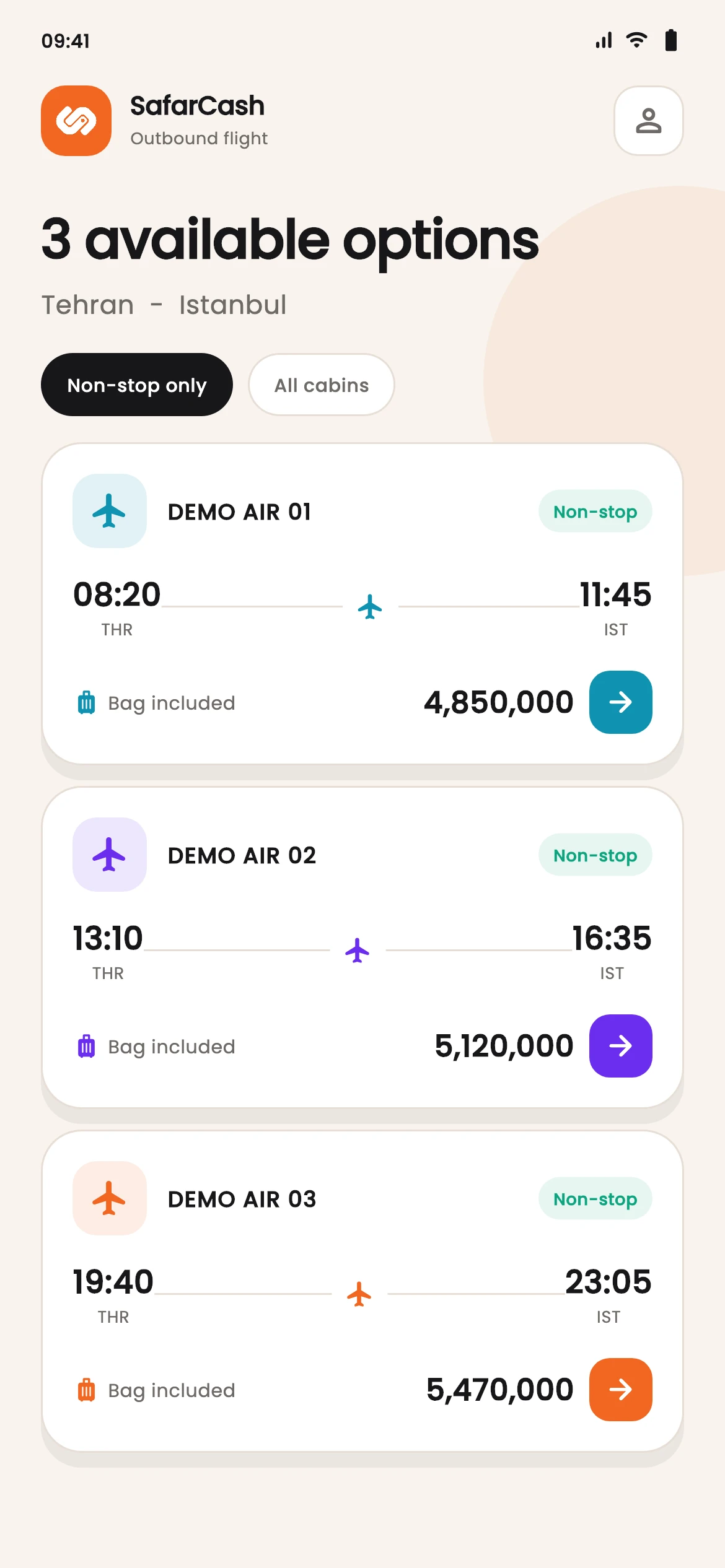 SafarCash travel results and comparison screen