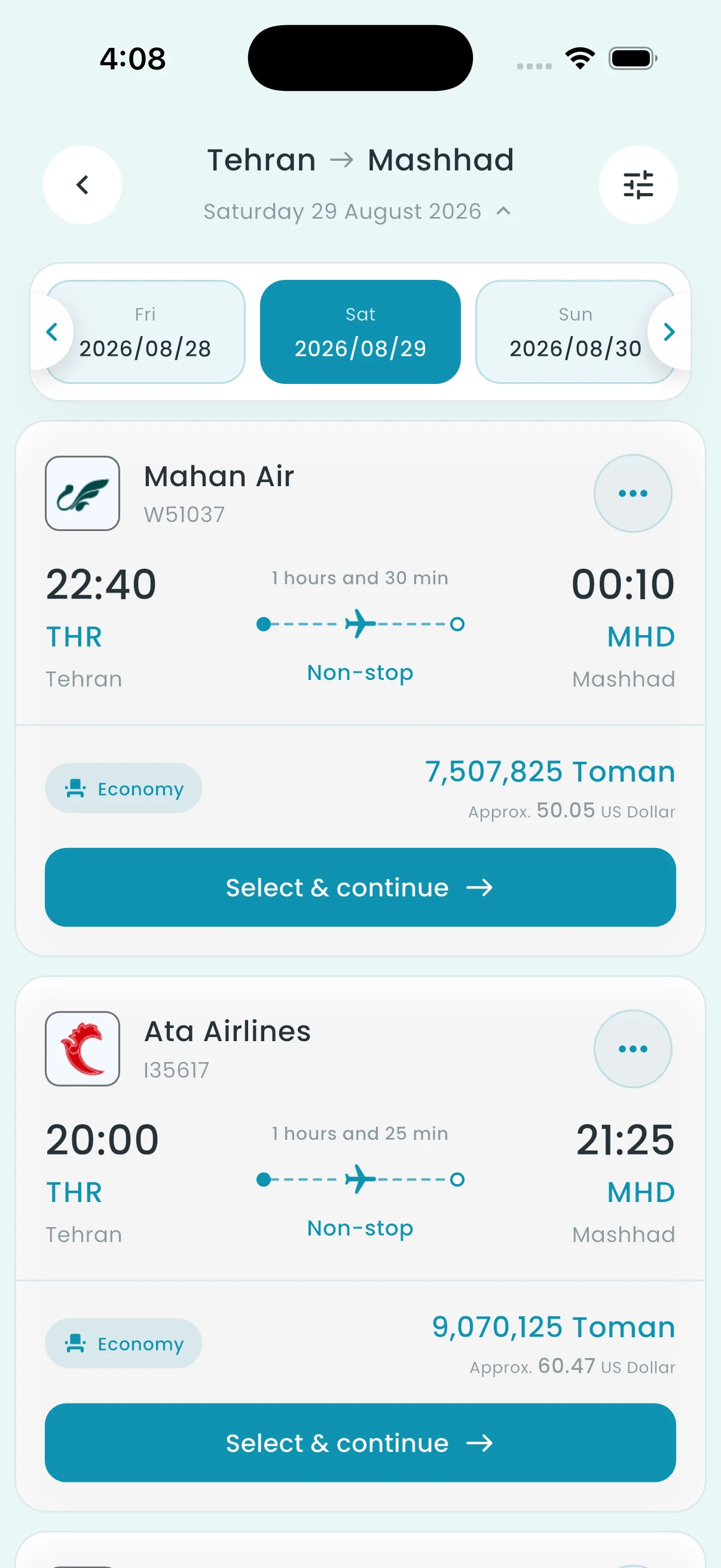 SafarCash flight search, results, and issued ticket screens